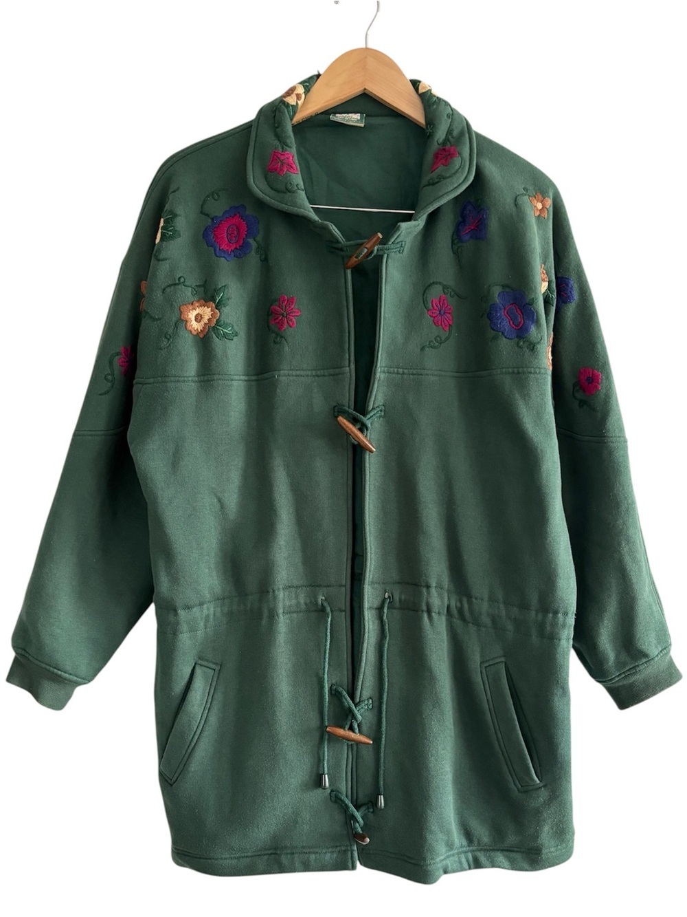 Vintage 90s Lady Footlocker Floral Embroidered Green Toggle Coat